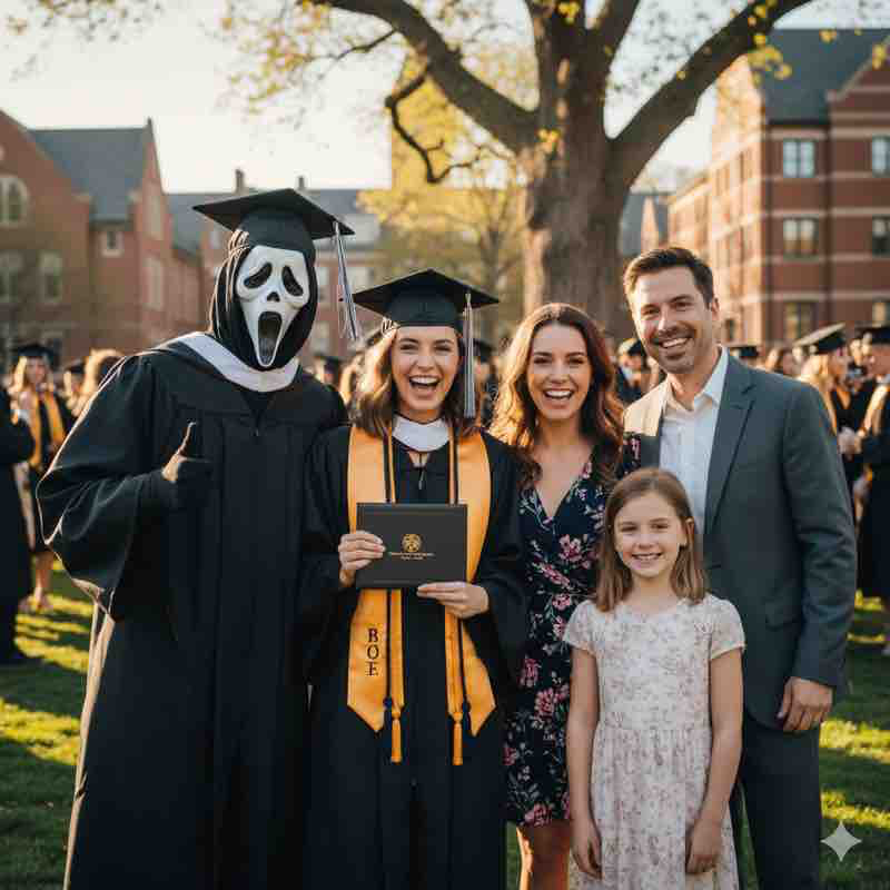 A graduation ceremony, with Ghostface wearing a cap and gown, posing proudly with a graduate and their family