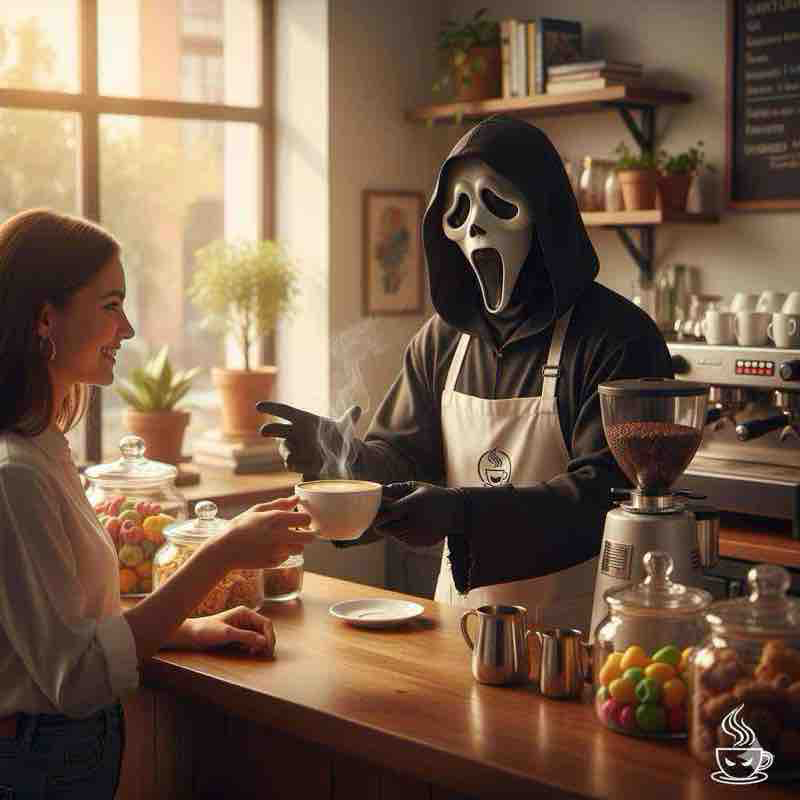 Ghostface as a friendly barista, serving a customer coffee with a playful gesture, both smiling