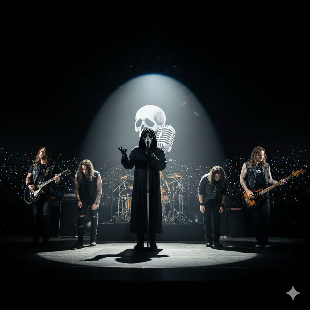 A band on stage taking a bow, with Ghostface as the lead singer, spotlight on them