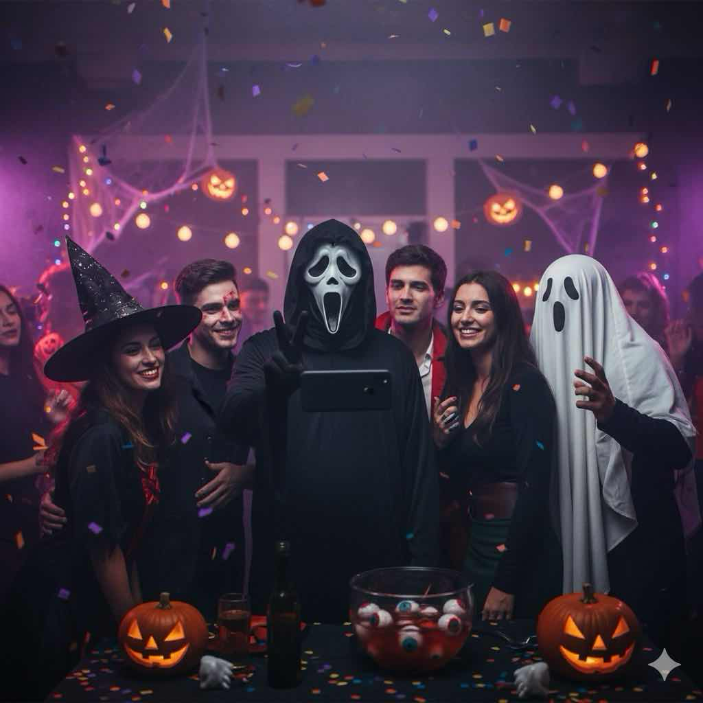 A group of friends taking a selfie with Ghostface at a Halloween party, everyone is smiling nervously