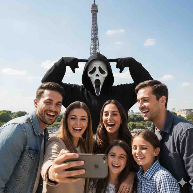 Ghostface and a group of tourists taking a photo in front of a famous landmark, Ghostface is playfully photobombing them