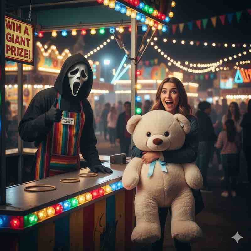 Ghostface as a carnival game operator, giving a thumbs up next to a prize winner holding a giant teddy bear